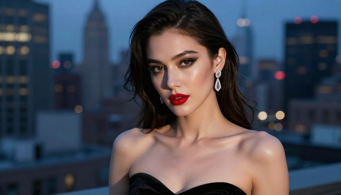 Glamour portrait of a woman with smoky eye makeup on Manhattan rooftop at blue hour with city lights behind Glamour portrait of a woman with smoky eye makeup on Manhattan rooftop at blue hour with city lights behind