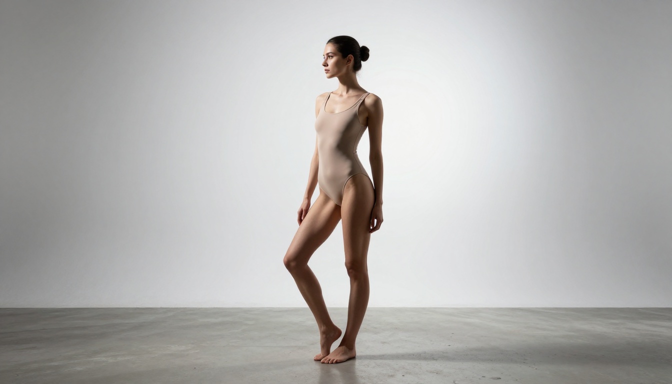 Woman in nude-tone bodysuit standing in minimalist white photography studio with overhead softbox light Woman in nude-tone bodysuit standing in minimalist white photography studio with overhead softbox light