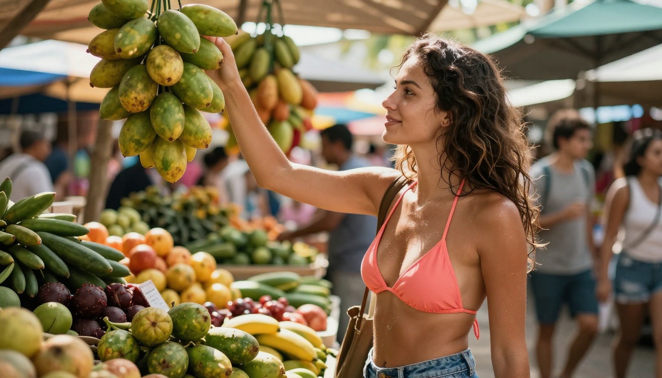 Woman in coral bikini top browsing colorful tropical market stalls with vibrant produce Woman in coral bikini top browsing colorful tropical market stalls with vibrant produce
