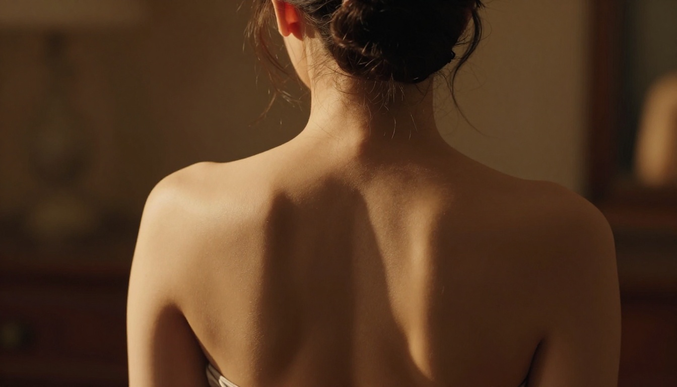Woman's bare back and shoulders in warm amber Rembrandt side lighting with elegant updo Woman's bare back and shoulders in warm amber Rembrandt side lighting with elegant updo