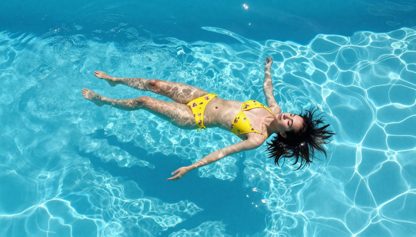 Woman in yellow floral bikini floating in pool shot from directly above with caustic light patterns Woman in yellow floral bikini floating in pool shot from directly above with caustic light patterns