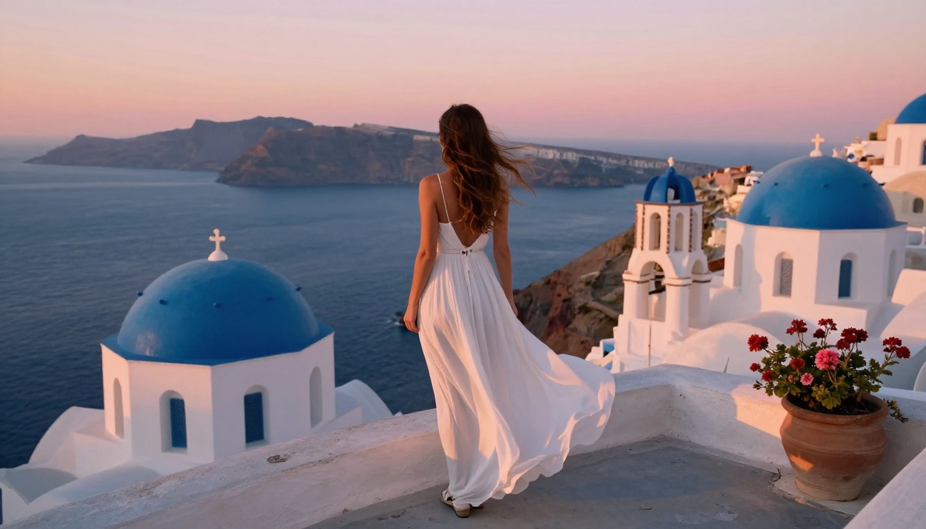 Woman in flowing white maxi dress on Santorini terrace at magic hour with pink-orange sky behind Woman in flowing white maxi dress on Santorini terrace at magic hour with pink-orange sky behind