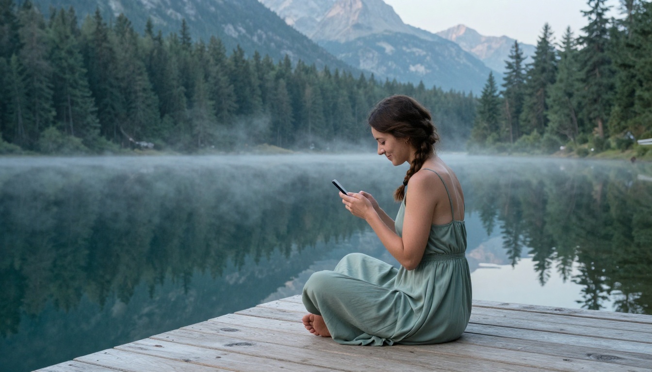 Woman in sage green sundress sitting on alpine lake dock with mountain reflections in calm water Woman in sage green sundress sitting on alpine lake dock with mountain reflections in calm water