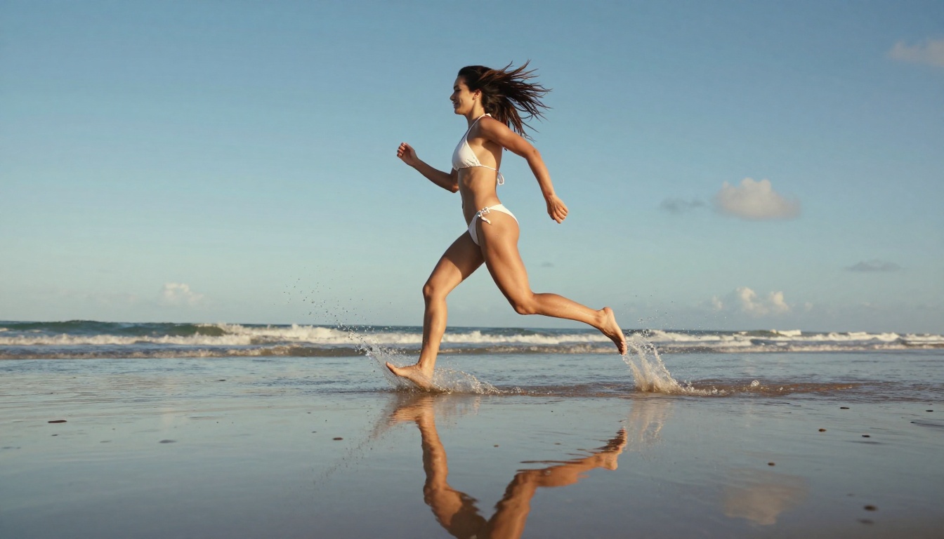 Woman in white bikini running along wet beach shoreline with water spray frozen in motion Woman in white bikini running along wet beach shoreline with water spray frozen in motion