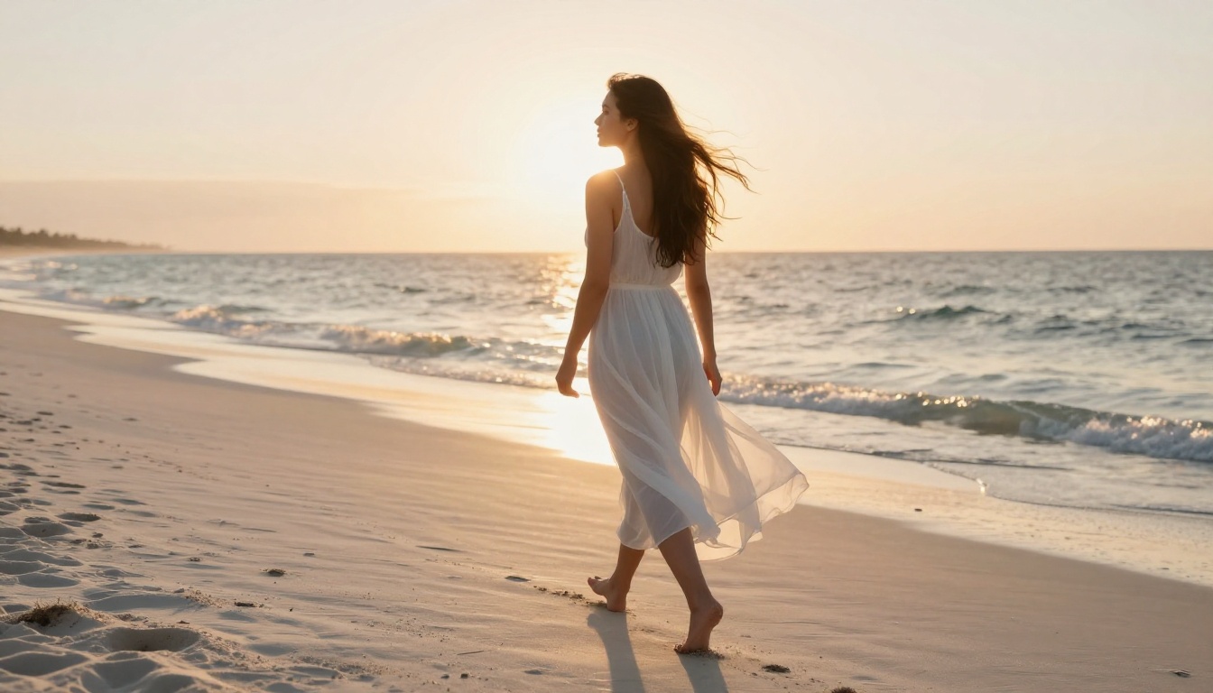 Beautiful woman in sheer white sundress walking on beach at golden hour backlit by sunset Beautiful woman in sheer white sundress walking on beach at golden hour backlit by sunset