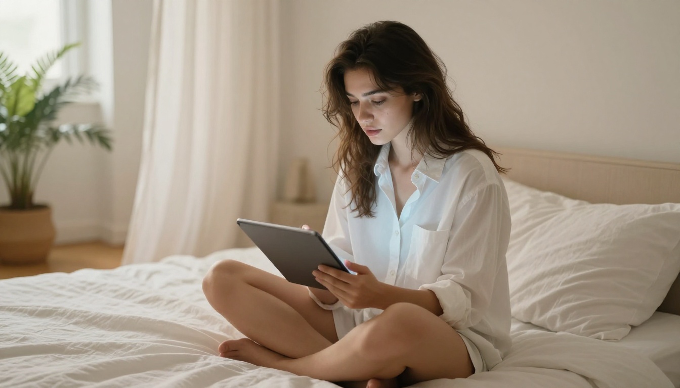 Young woman in oversized white shirt sitting cross-legged on hotel bed with tablet morning light Young woman in oversized white shirt sitting cross-legged on hotel bed with tablet morning light