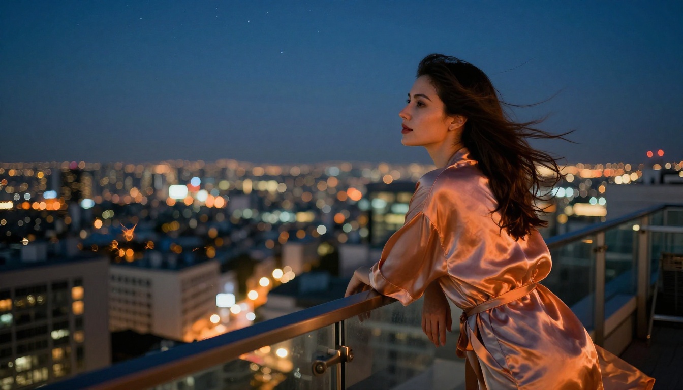Woman in sheer silk robe on penthouse rooftop terrace at blue hour city lights glowing bokeh Woman in sheer silk robe on penthouse rooftop terrace at blue hour city lights glowing bokeh