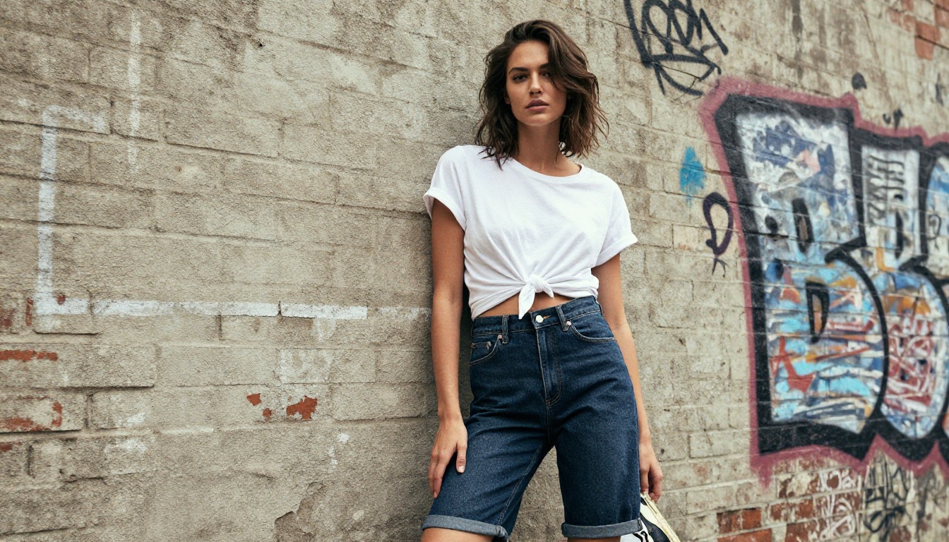 Fashion editorial model in high-waisted denim shorts and crop top against gritty urban brick graffiti wall Fashion editorial model in high-waisted denim shorts and crop top against gritty urban brick graffiti wall