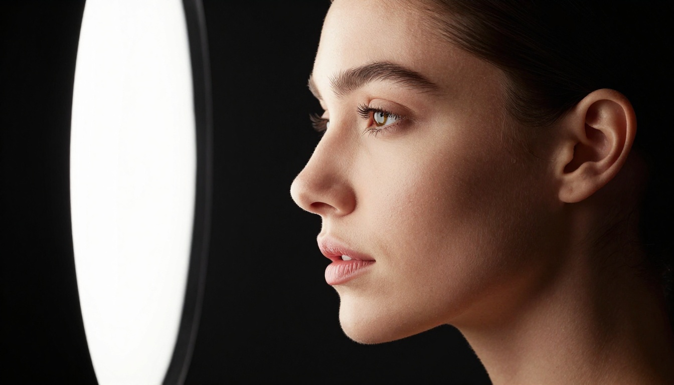 Side-profile studio portrait beautiful woman dramatic Rembrandt lighting 135mm telephoto hyper-detailed skin texture Side-profile studio portrait beautiful woman dramatic Rembrandt lighting 135mm telephoto hyper-detailed skin texture