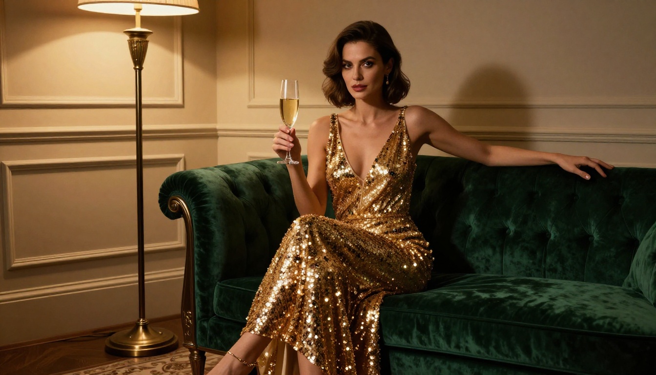 Confident woman in glamorous gold-sequined gown on emerald velvet chaise lounge dramatic theatrical lamp lighting Confident woman in glamorous gold-sequined gown on emerald velvet chaise lounge dramatic theatrical lamp lighting