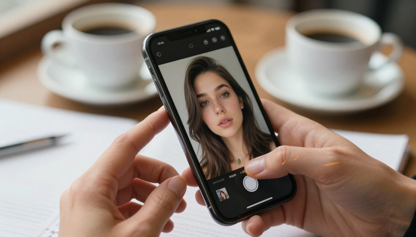 Feminine hands holding iPhone showing AI image generation app with bokeh background warm cafe light Feminine hands holding iPhone showing AI image generation app with bokeh background warm cafe light