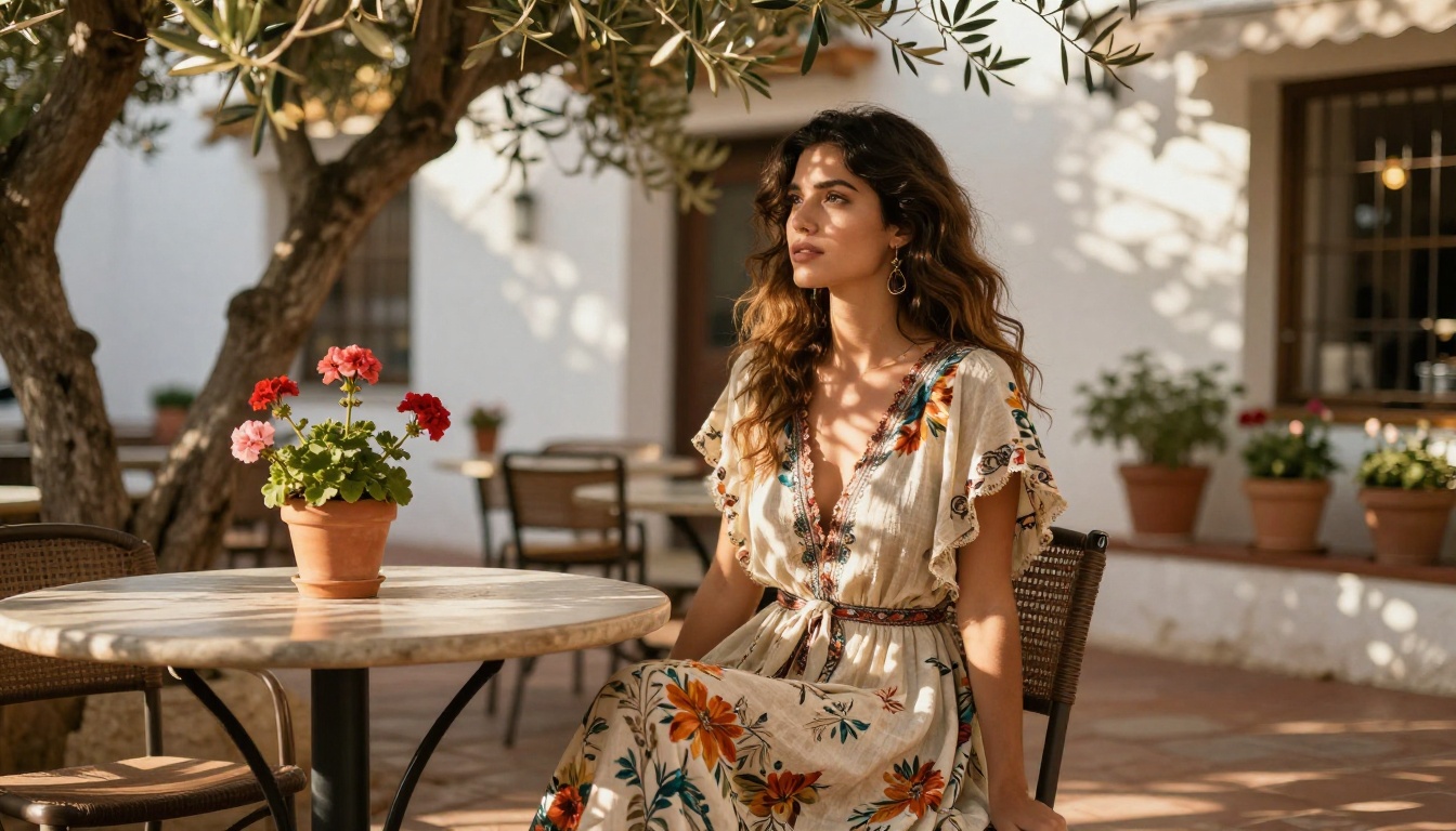 Mediterranean woman in flowing bohemian floral maxi dress at outdoor terrace cafe Spain dappled afternoon sunlight Mediterranean woman in flowing bohemian floral maxi dress at outdoor terrace cafe Spain dappled afternoon sunlight