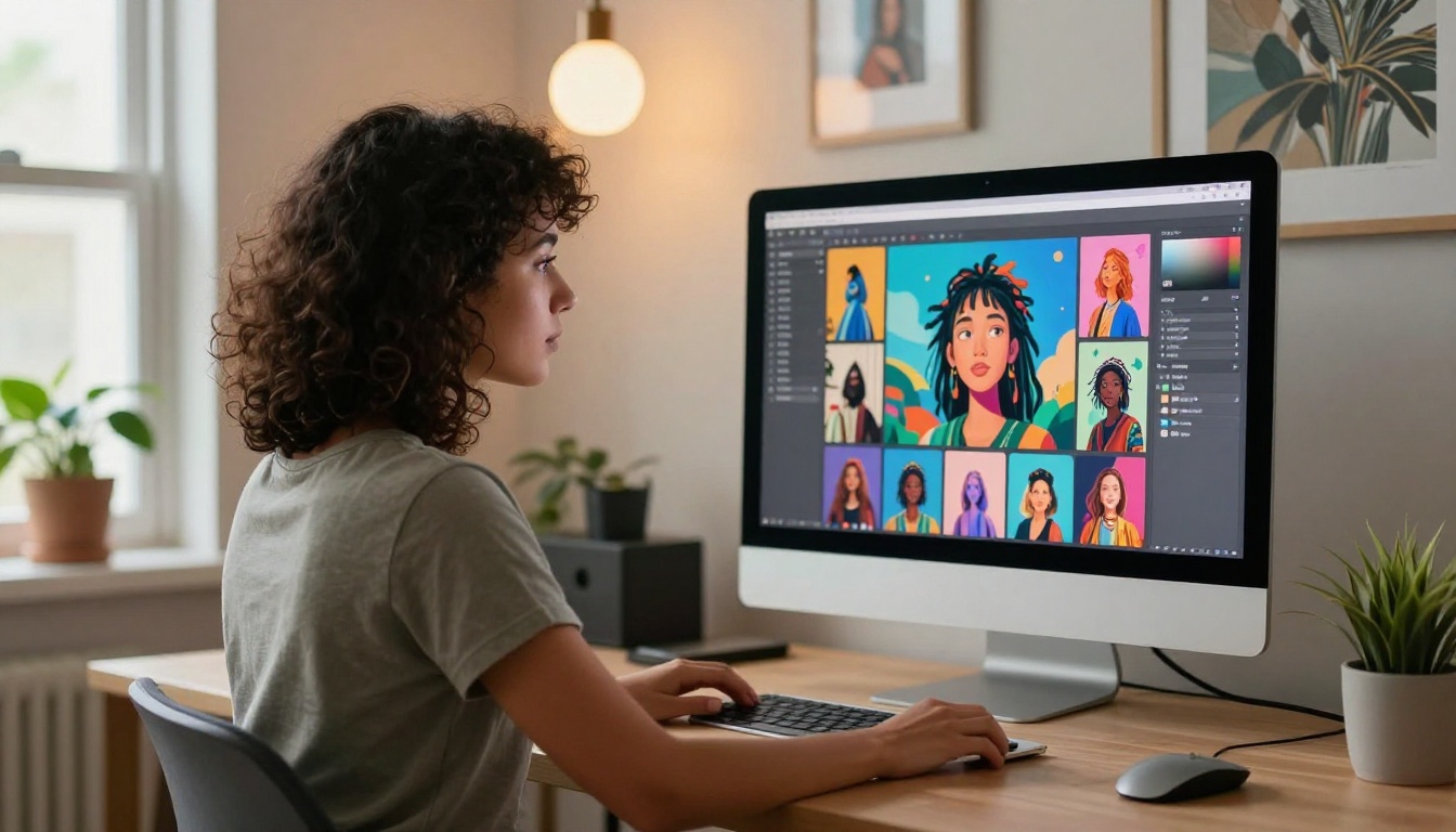 Creative professional woman with dark curly hair at modern desk with large iMac showing AI image gallery home studio Creative professional woman with dark curly hair at modern desk with large iMac showing AI image gallery home studio