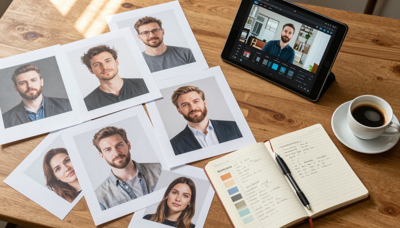 Overhead flat-lay creative director desk with AI-generated portrait prints tablet notebook cappuccino warm daylight Overhead flat-lay creative director desk with AI-generated portrait prints tablet notebook cappuccino warm daylight