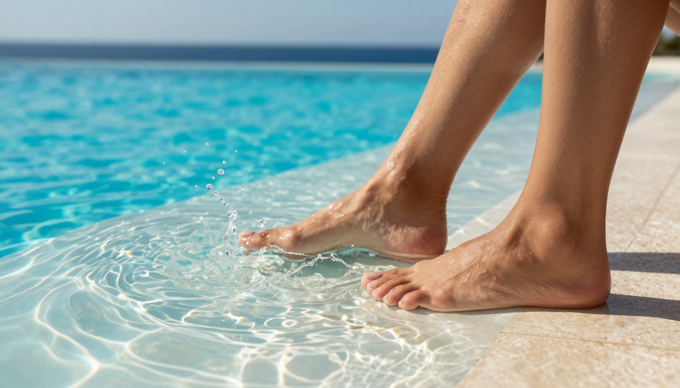 Closeup of woman's tanned feet at edge of luxury infinity pool toes dipped in water pool horizon ocean blend Closeup of woman's tanned feet at edge of luxury infinity pool toes dipped in water pool horizon ocean blend