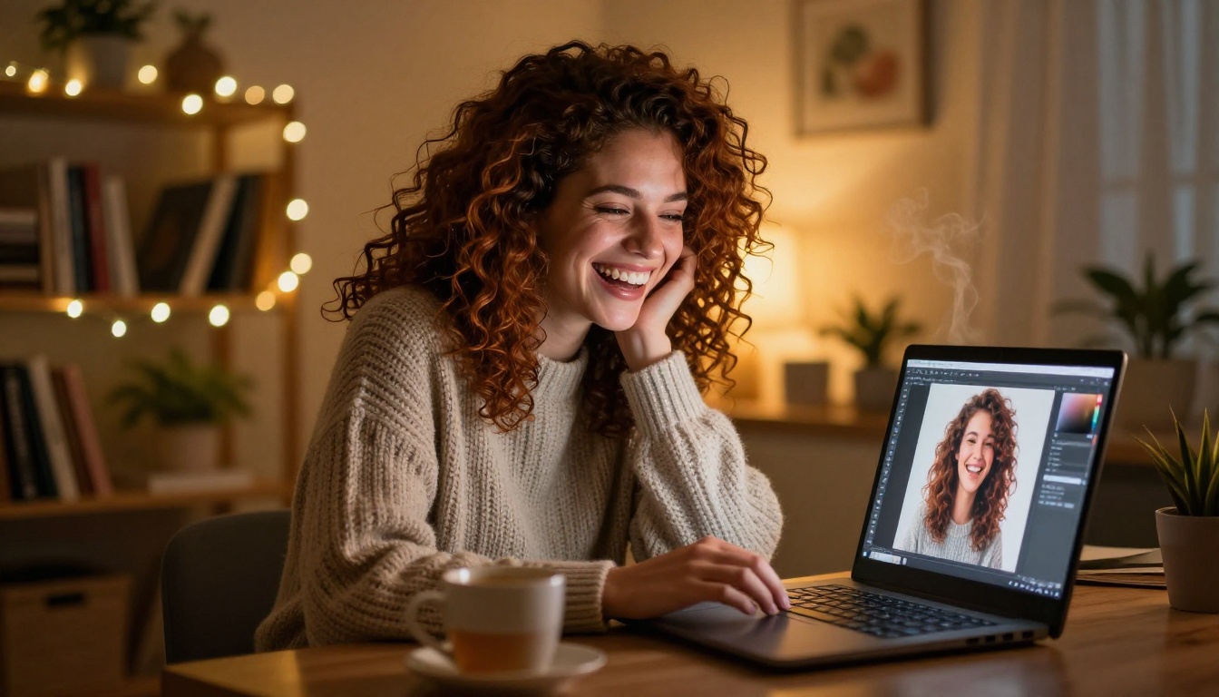 Young woman with curly auburn hair laughing at laptop screen showing AI-generated images cozy home office fairy lights evening Young woman with curly auburn hair laughing at laptop screen showing AI-generated images cozy home office fairy lights evening