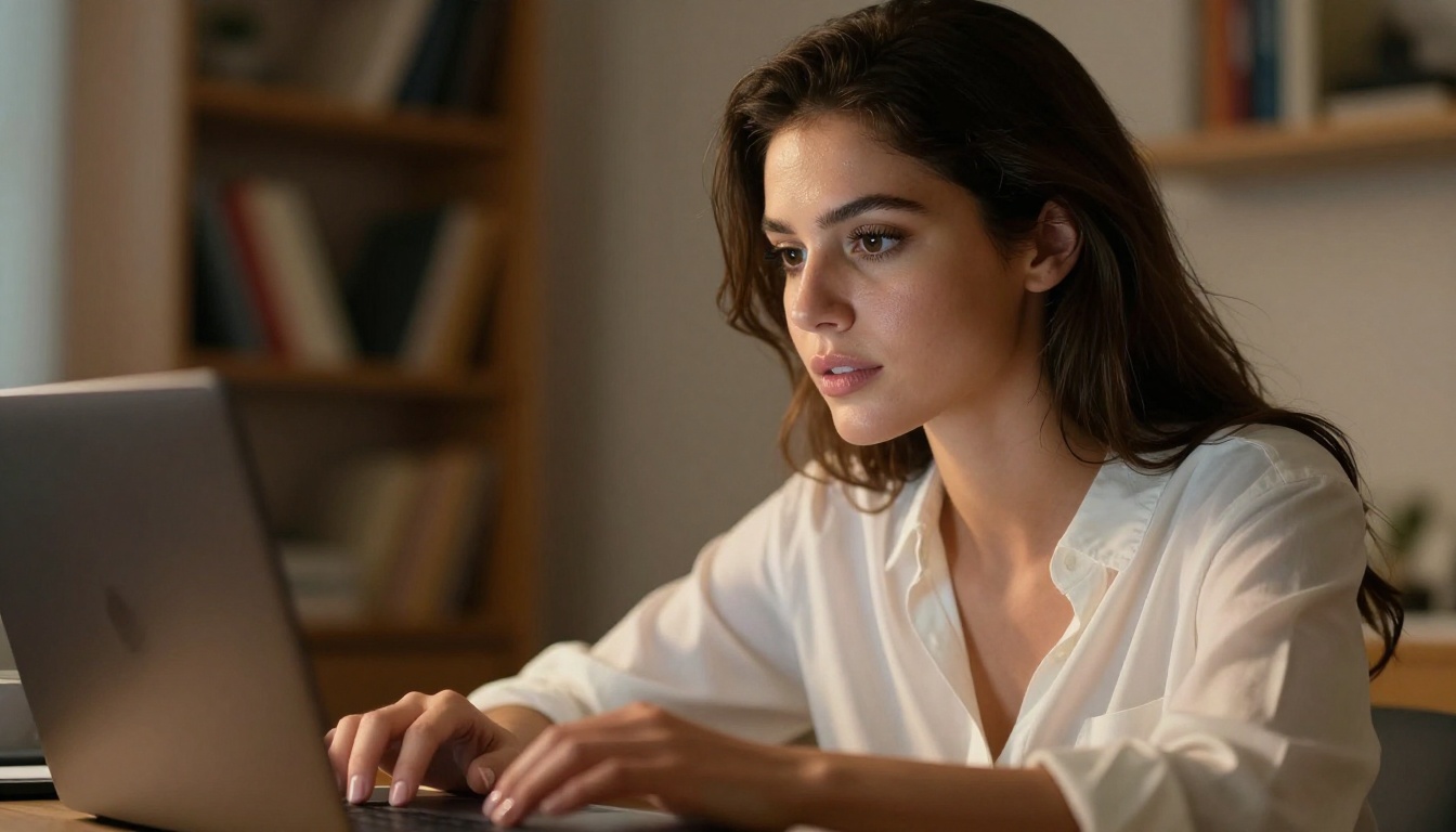 A beautiful woman uses a laptop in a warmly lit home office, fascinated by her screen A beautiful woman uses a laptop in a warmly lit home office, fascinated by her screen