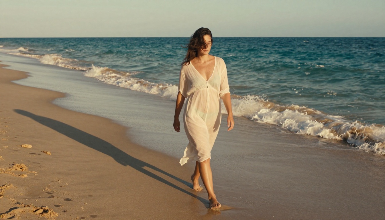 A woman in a sheer beach cover-up walks along the shoreline at golden hour, waves lapping at her feet A woman in a sheer beach cover-up walks along the shoreline at golden hour, waves lapping at her feet