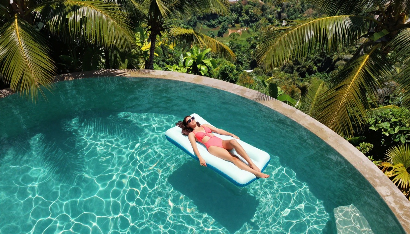 A woman in a coral pink swimsuit lying on a pool inflatable in a stunning infinity pool overlooking a tropical jungle valley A woman in a coral pink swimsuit lying on a pool inflatable in a stunning infinity pool overlooking a tropical jungle valley