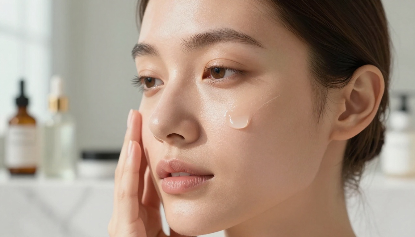 A close-up beauty shot of a woman's luminous face applying facial serum in natural light, visible skin texture