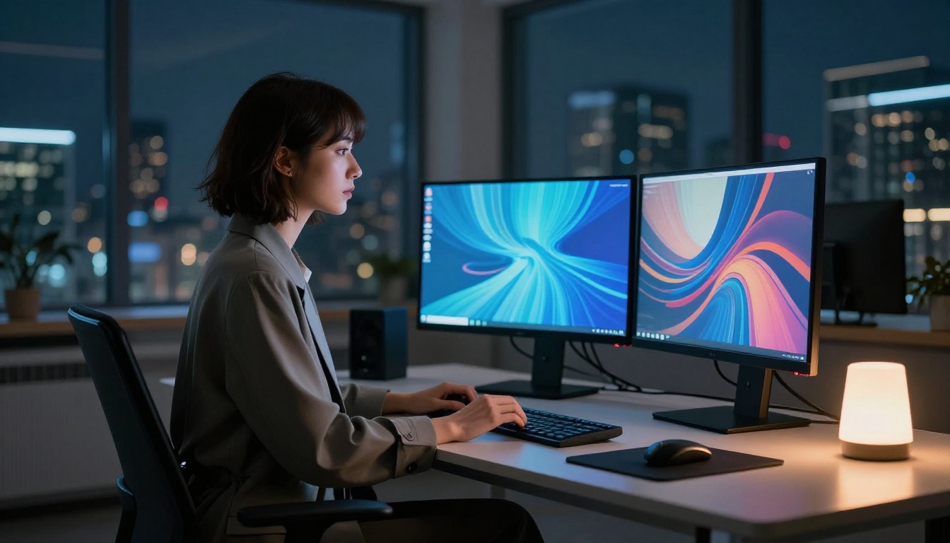 A woman at a sleek multi-monitor AI design studio workstation, screen glow mixed with warm desk lamp
