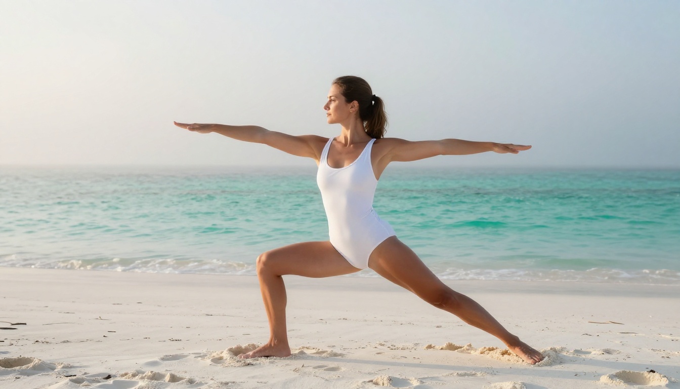 A fit woman in a white one-piece swimsuit holds a warrior yoga pose on a pristine white sand beach at sunrise