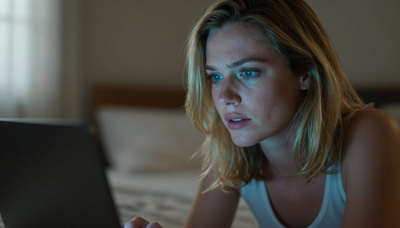 Woman looking at laptop screen with AI-generated images in dimly lit bedroom Woman looking at laptop screen with AI-generated images in dimly lit bedroom