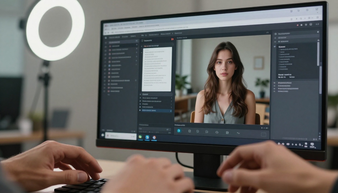AI generation interface on high-resolution monitor with hands at keyboard AI generation interface on high-resolution monitor with hands at keyboard