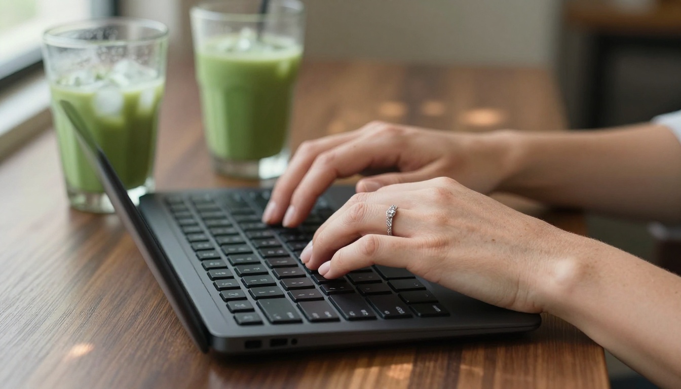 Perfectly manicured female hands typing on a sleek black keyboard, a glass of iced matcha nearby on a walnut desk