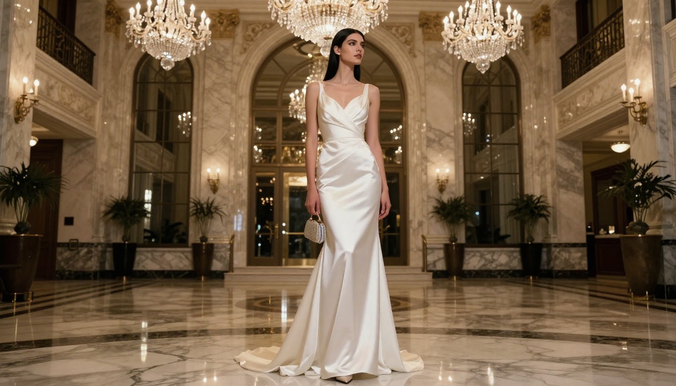 A tall woman in a white satin evening gown stands in a grand marble hotel lobby, chandeliers sparkling above