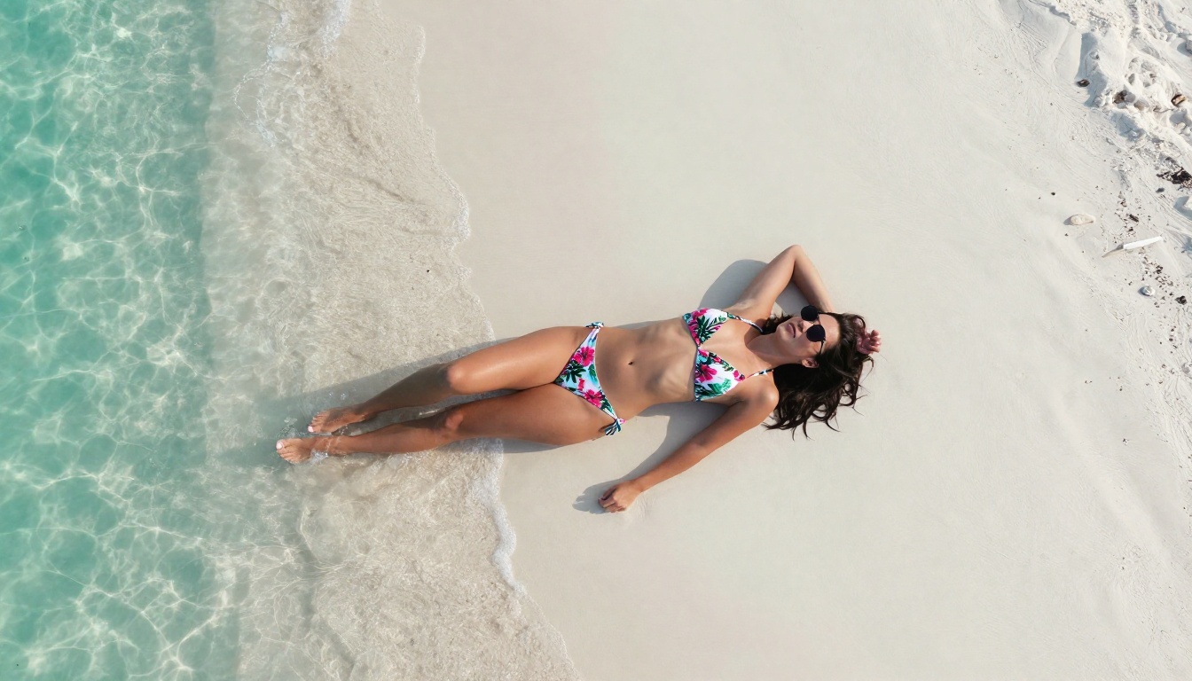 Aerial top-down drone shot of woman in tropical floral bikini on white sand beach Aerial top-down drone shot of woman in tropical floral bikini on white sand beach