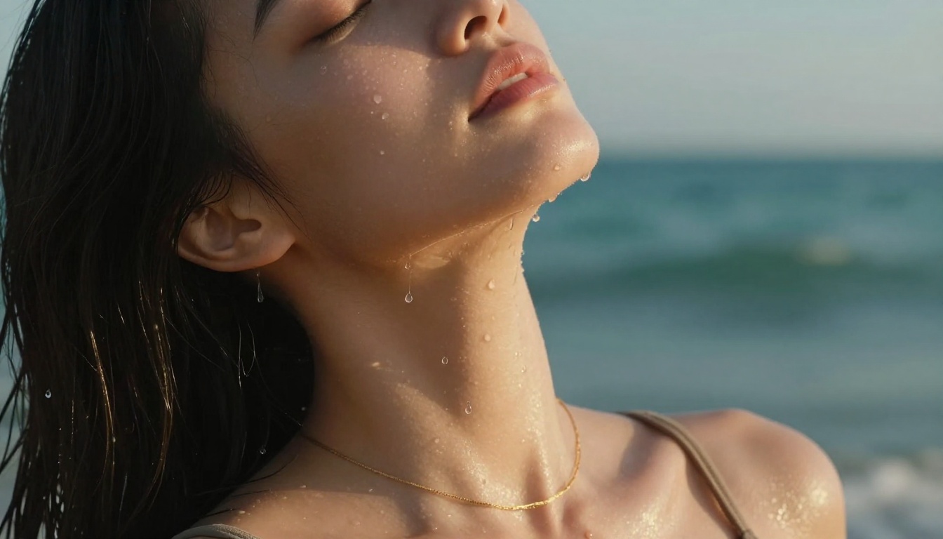 A woman's neck and décolletage with water drops trickling down sun-kissed skin after emerging from the ocean
