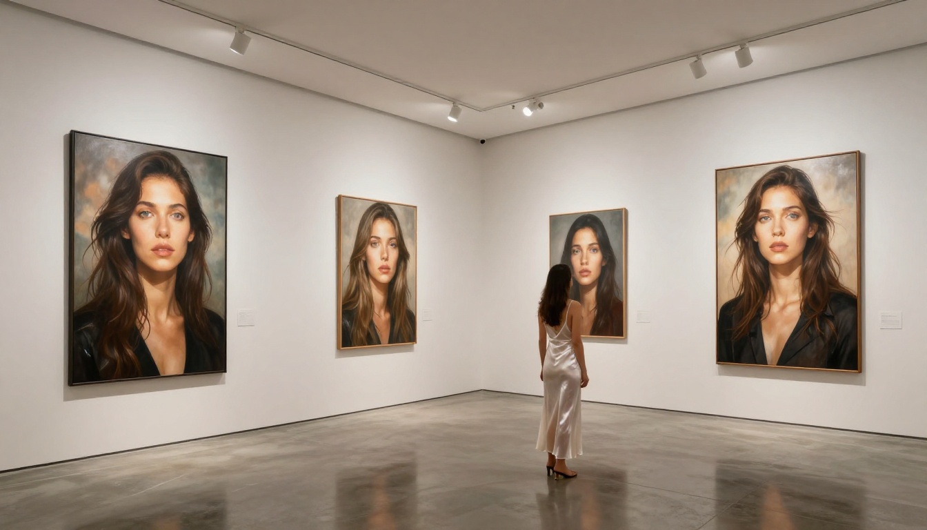 Woman in modern art gallery wearing sheer white silk dress viewing AI artwork prints