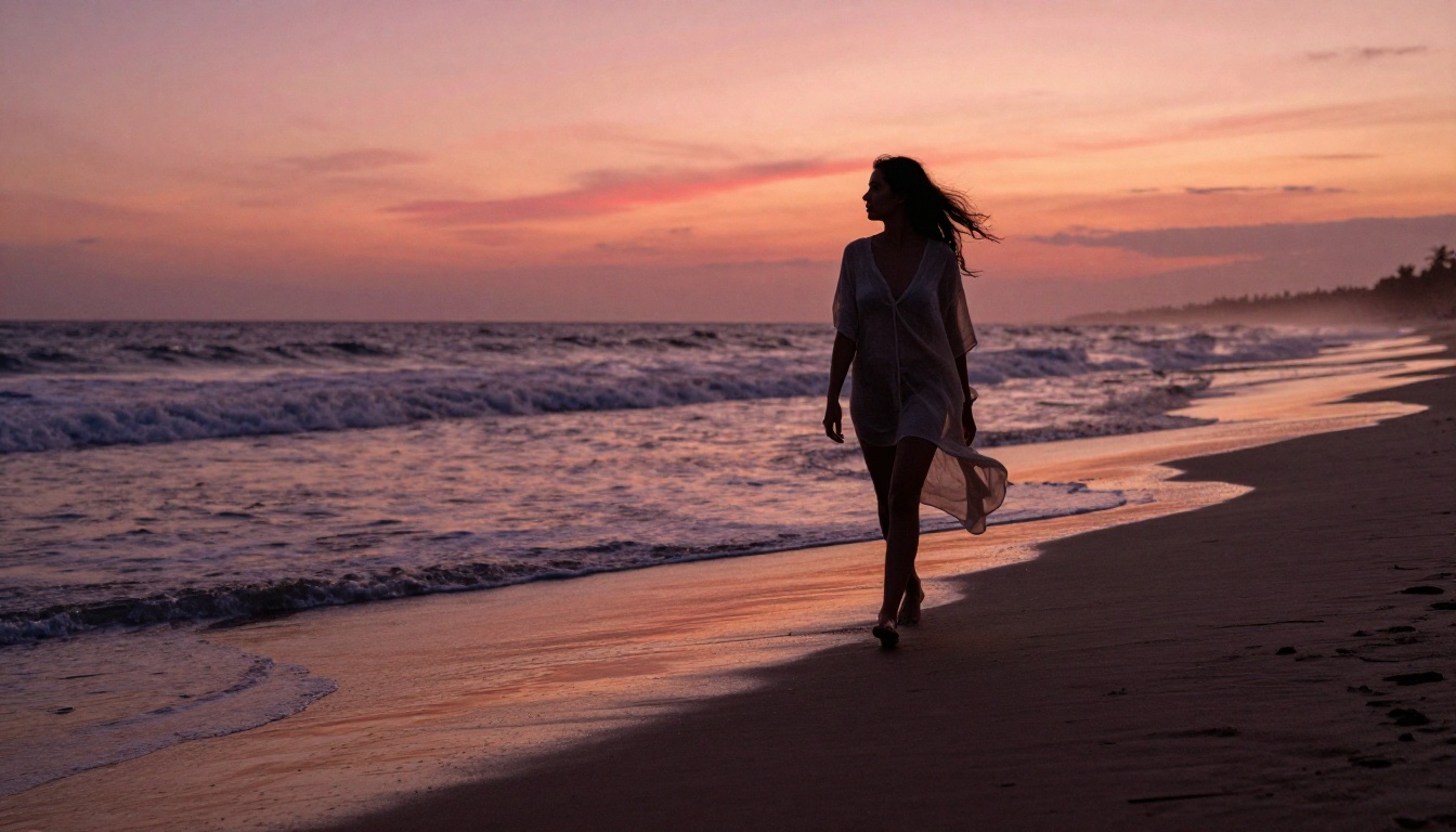 Woman in sheer beach cover-up silhouette walking on sunset beach