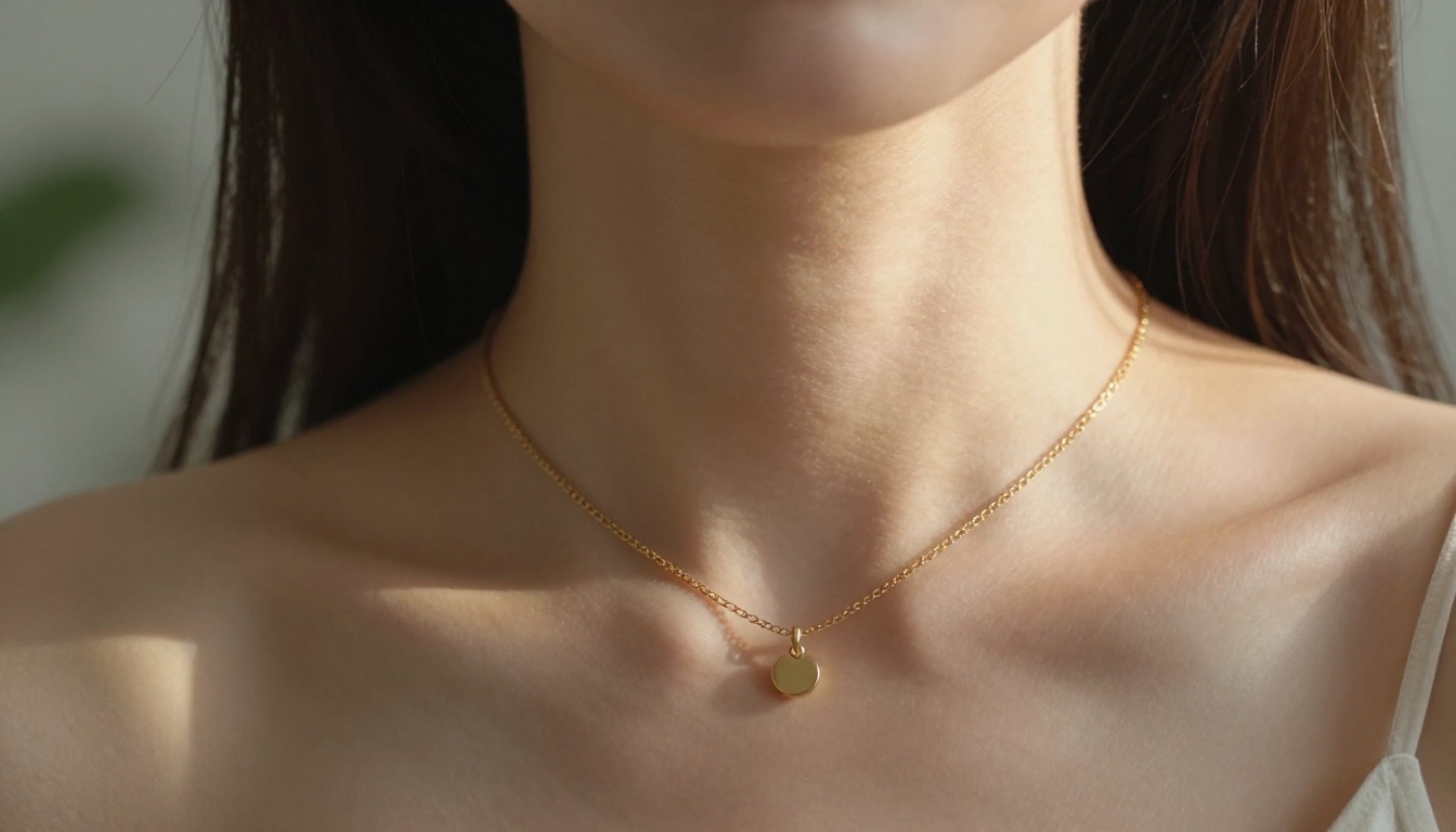 Close-up macro portrait of woman's neck and decolletage with delicate gold necklace