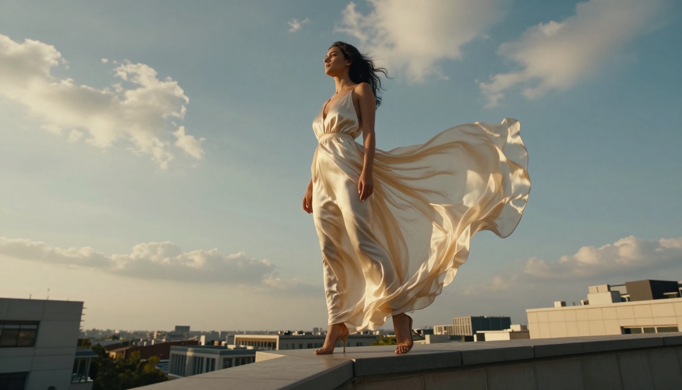Beautiful woman in flowing ivory silk dress on city rooftop terrace shot from below