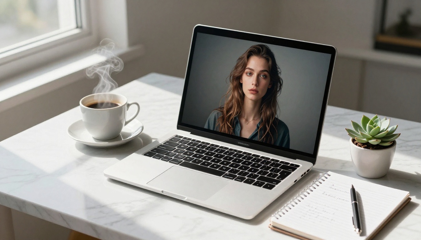 Editorial flat lay of laptop on white marble showing AI-generated portrait with coffee and notepad