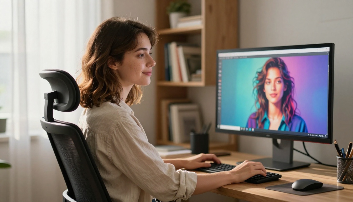 Woman reacting with delight to AI artwork on her monitor Woman reacting with delight to AI artwork on her monitor