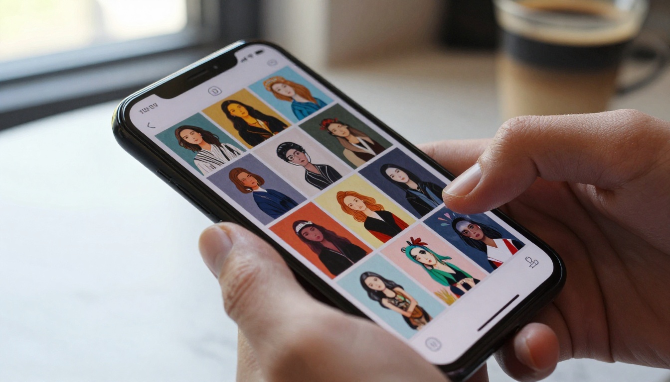 Close-up of hand scrolling through colorful AI art thumbnails on smartphone screen