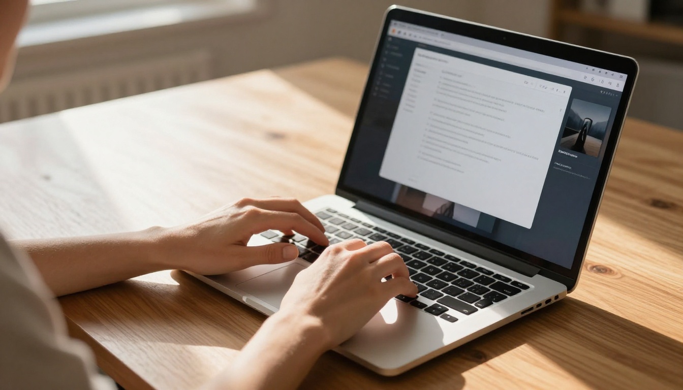 Woman's hands typing on laptop with AI interface glowing on screen Woman's hands typing on laptop with AI interface glowing on screen