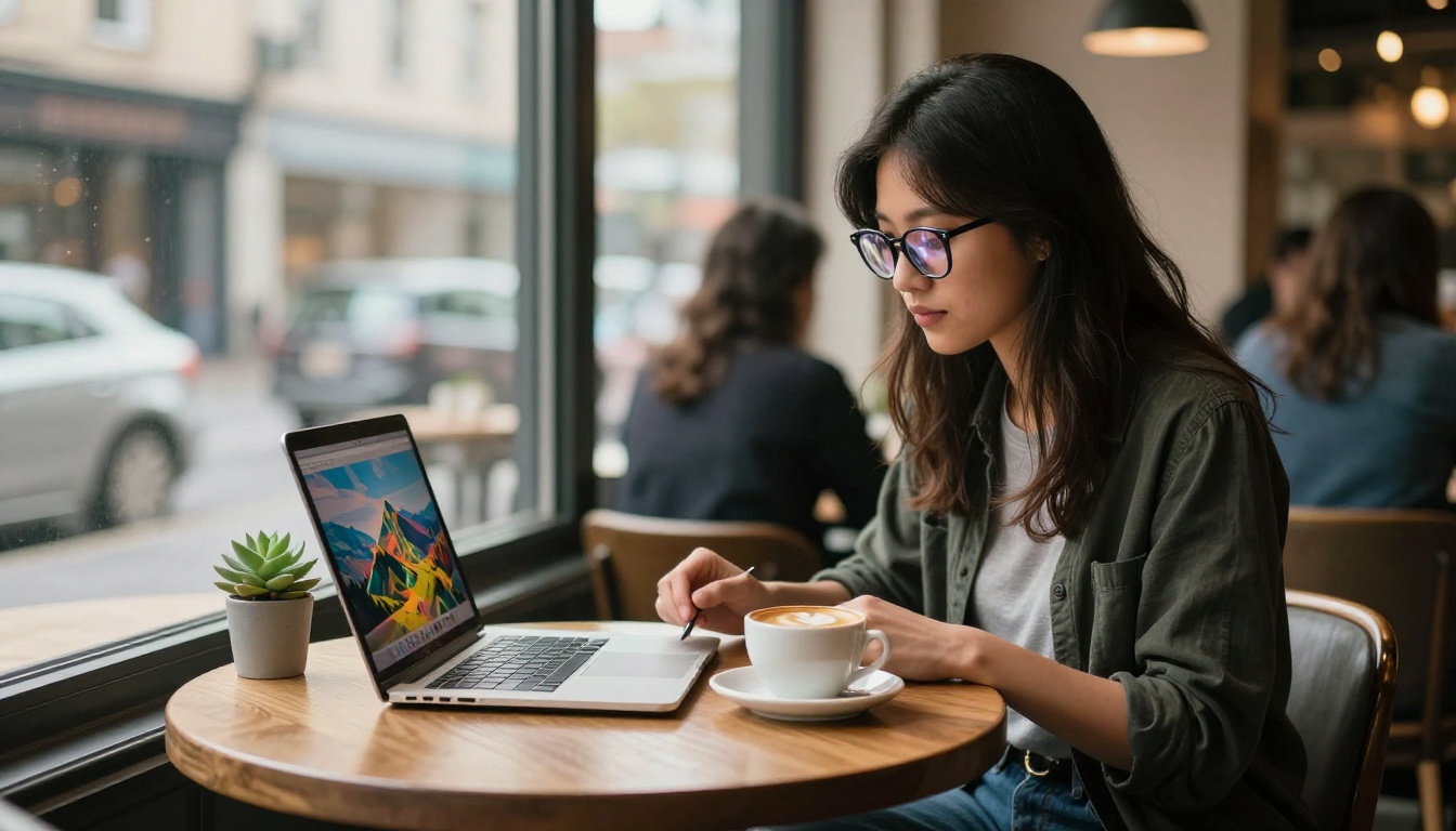 Freelance designer in cafe reviewing AI-generated landscape on MacBook