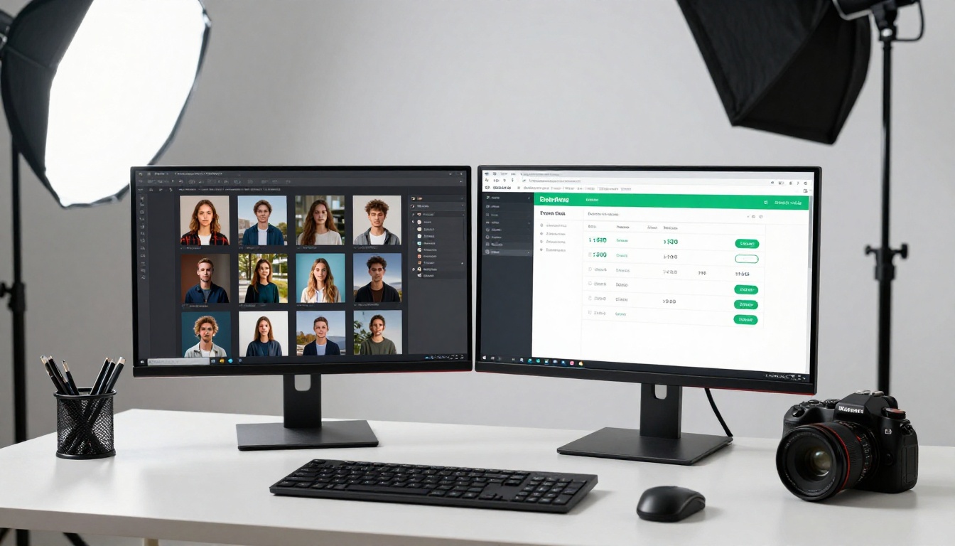 Dual monitor desktop showing AI image gallery on one screen and pricing page on the other
