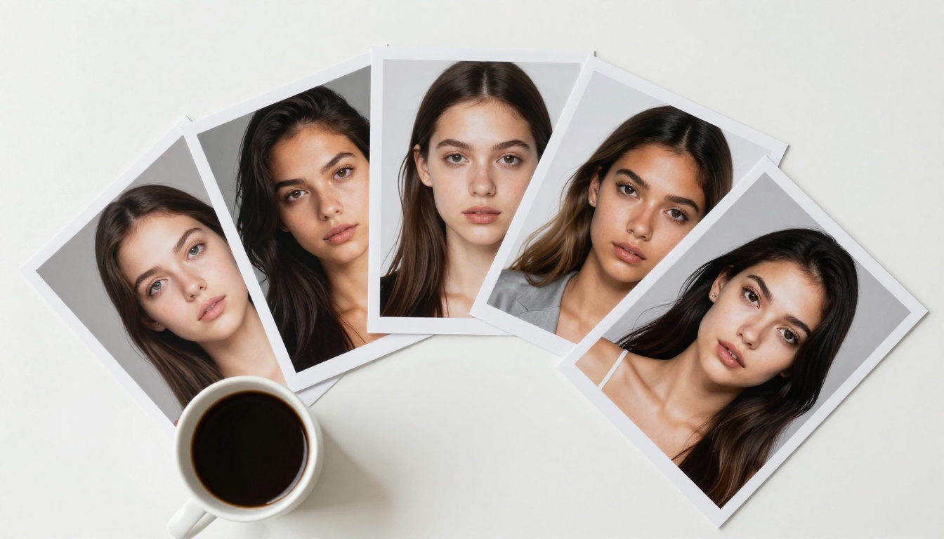 Aerial view of five photorealistic portrait prints spread out on a white desk in a fan arrangement Aerial view of five photorealistic portrait prints spread out on a white desk in a fan arrangement