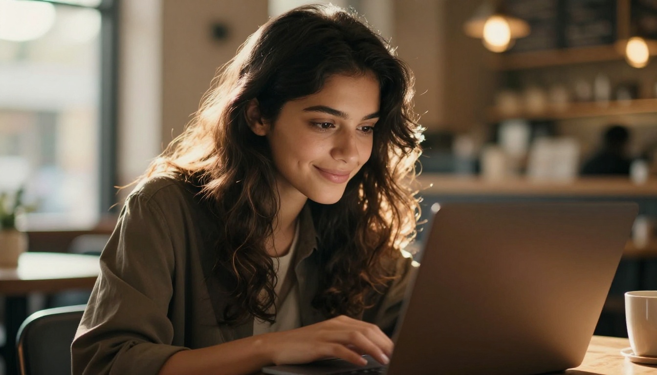 A woman with dark hair smiling at her laptop in a cafe with warm golden afternoon light A woman with dark hair smiling at her laptop in a cafe with warm golden afternoon light