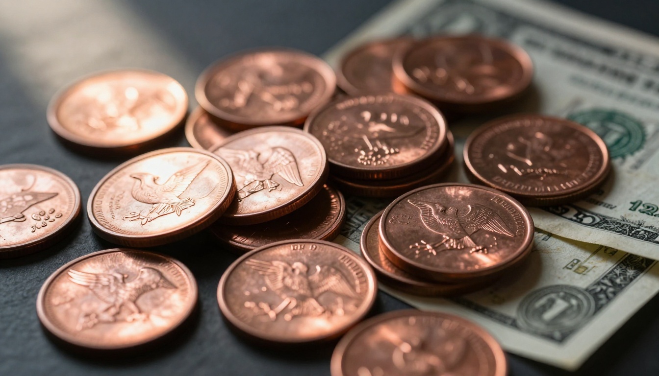 Stacked copper coins and folded dollar bills on a dark slate surface with directional warm light Stacked copper coins and folded dollar bills on a dark slate surface with directional warm light