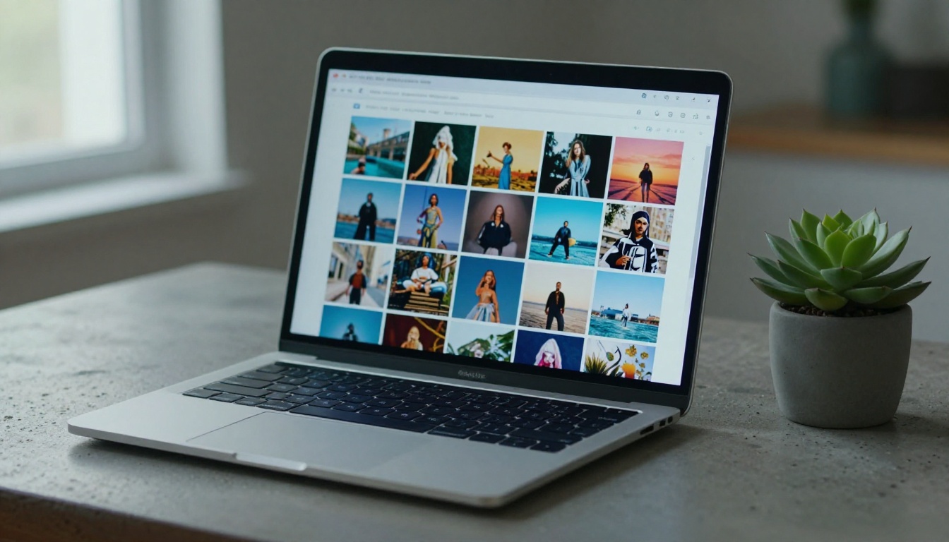 An open laptop displaying a colorful grid of AI-generated thumbnails on a concrete desk with a succulent nearby An open laptop displaying a colorful grid of AI-generated thumbnails on a concrete desk with a succulent nearby
