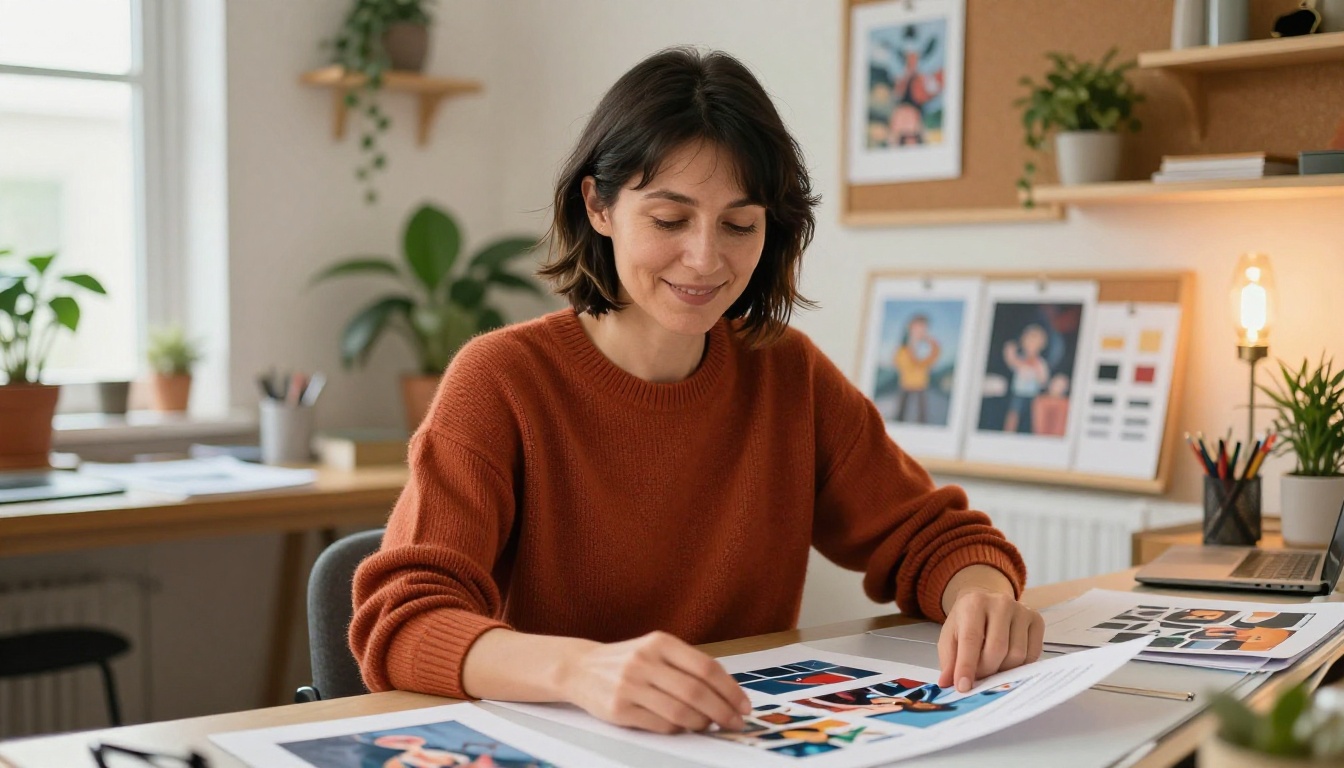 Graphic designer reviewing printed AI art samples at creative workspace Graphic designer reviewing printed AI art samples at creative workspace