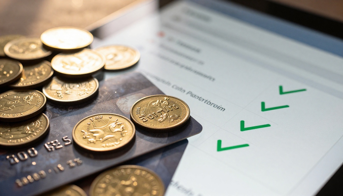 Close-up of credit card and coins beside a tablet showing subscription pricing options
