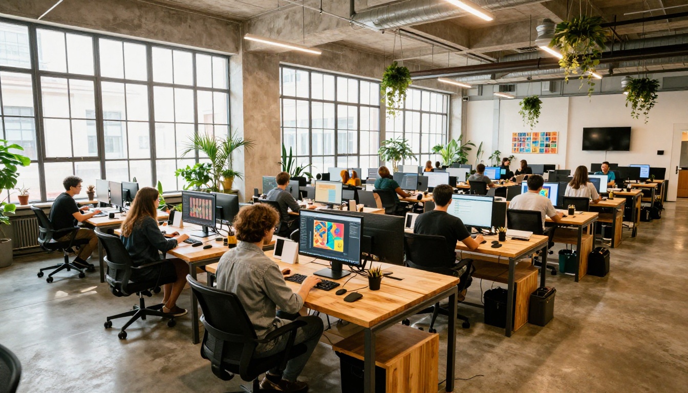 Modern co-working space with designers working on AI art across multiple screens Modern co-working space with designers working on AI art across multiple screens