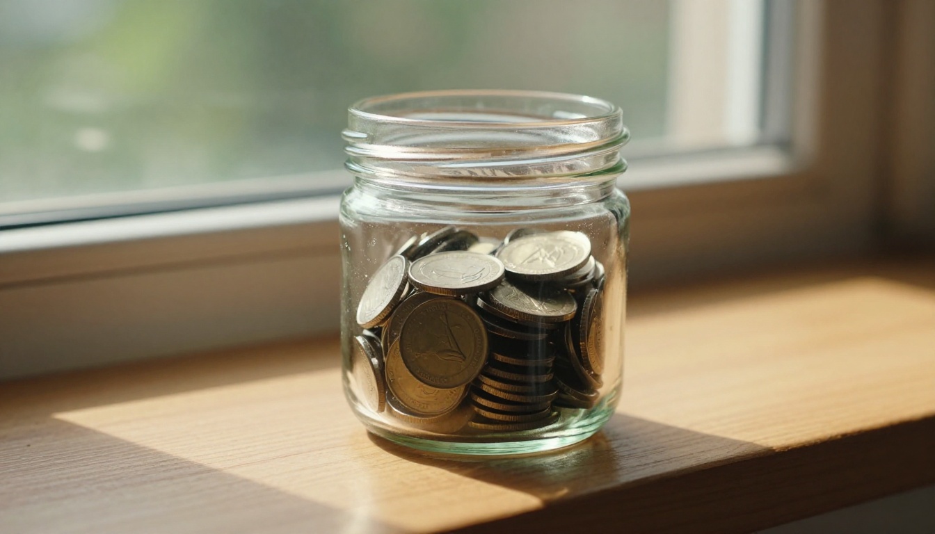 A small glass jar of loose change on a wooden windowsill with amber morning light filtering through A small glass jar of loose change on a wooden windowsill with amber morning light filtering through